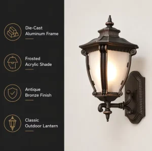 Classic Antique Bronze Outdoor Wall Lamp Die Cast Aluminum Frame Frosted Acrylic Shade Waterproof Exterior Sconce Villa Garden