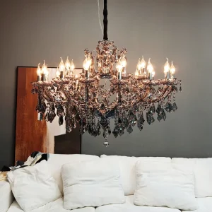 Classic Chrome Frame Smoke Crystal Pendant Lamp Multiple Candle Bulb Suspension Light for Luxury Dining Room Mansion Decor
