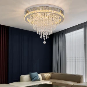 Classic Luxury LED Chandelier Bedroom Living Room Hotel Chrome Silver Round Remote Control K9 Crystal Ceiling Lamp