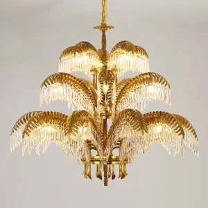 Classic Style Rococo 10+5+5 Multi-specification Brass Palm Leaves Hanging Luxury Crystal Chandelier Pendant Light