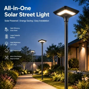 Commercial All in One Solar Garden Street Light 30W 25W Automatic Light Sensor Timer Function for Residential Communities