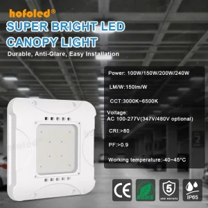 Commercial Canopy Lights 240W Outdoor IP65 Waterproof 100-277VAC Workshop Carport Entrance LED Fueling Station Ceiling Lights