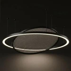 Commercial Double Ring Led Hanging Lamp Large Size Architectural Ring Chandelier With Metal Mesh for High Ceiling Lobby