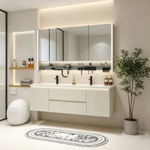 Commercial Grade Multi layer Solid Wood Bathroom Cabinet Anti humidity Wooden Vanity for Engineering Renovation