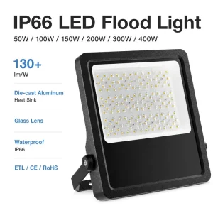 Commercial LED Flood Light 50W 400W IP66 130LM W Flicker Free Die Cast Aluminum Heatsink Glass Lens Outdoor Light