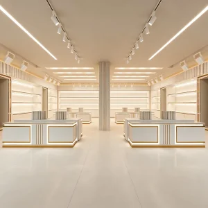 Complete Set of LED Lighting Fixtures for Department Stores White with Gold Border Eco Friendly Lighting Display Cabinet