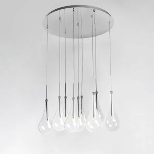 Contemporary Adjustable Height Glass Globe Pendant Lights Minimalist Transparent Teardrop Chandelier for High Ceiling Foyer