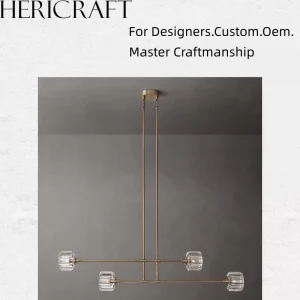 Contemporary Double Tier Rod Linear Light Satin Brass Frame Vertical Ribbed Cube Glass Pendant Lamp for Farmhouse Kitchen Island