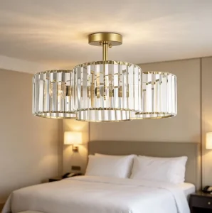 Contemporary Iron Chrome Crystal Semi Flush Ceiling Light Clear Vertical Crystal Shade Ceiling Lamp for Living Bedroom