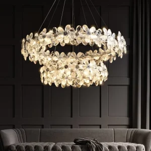 Contemporary Luxury Crystal Chandelier Adjustable Height Remote Control Dimmable Modern Pendant Light for Living Room Dining