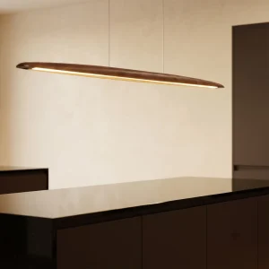 Contemporary Natural Wood Linear Pendant Light Flat Curve Design Dimmable LED Kitchen Island Lighting Beech Wood 130cm