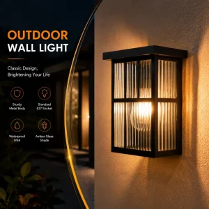 Contemporary Outdoor Wall Lantern with Ribbed Glass Panels for Porch and Entryway Lighting