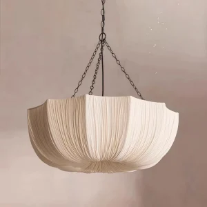 Cream Pleated Fabric Iron Frame Chandelier for Bedroom and Wabi Sabi Style Home Interior