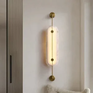Creative Retro New Chinese Metal Wall Sconce with Natural Alabaster Modern Art Lamp for Bedroom and Living Room Wall Decor