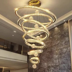 Crystal Chandelier Gold Adjustable Height 3m Diameter 1.5m 7 Rings 432W LED Hanging Ceiling Pendant Light