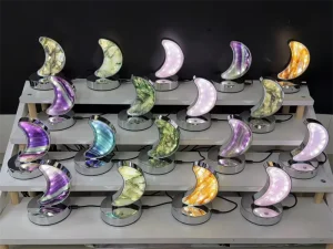 Crystal Lamp Mixed Materials Moss Agate Fluorite Yellow Fire Quartz Moon Shape Lamp for Gift