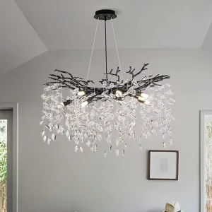 Crystal Tree Branches Round Hanging Pendant Light for Dining Room Bedroom Living Room Entryway Black