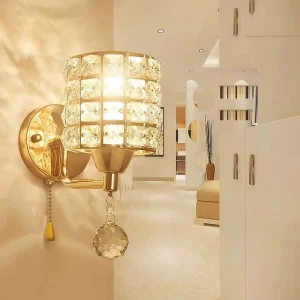 Crystal Wall Sconce Modern LED Lighting Fixture Decorative Gold Color Mount Lamp with Pull Chain Switch