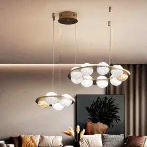 Crystal ball chandelier featuring multiple circular designs with adjustable height suitable for various styles
