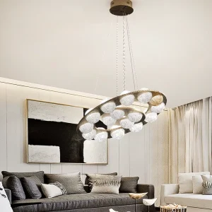 Crystal ball chandelier featuring multiple circular designs with adjustable height suitable for various styles