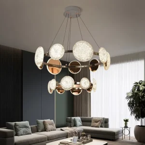 Crystal chandelier with elliptical design. Adjustable height. Suitable for open plan living rooms villas and hotels