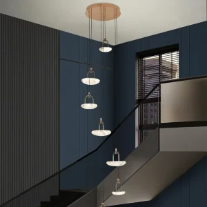 Crystal chandelier with multiple rings adjustable height LED light. Suitable for open plan living rooms villas and hotels