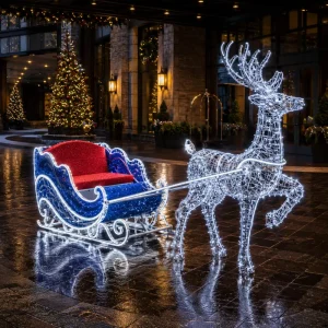 Custom 3D Reindeer Sleigh LED Motif Light with PVC Tinsel Outdoor Christmas Winter Festival Display IP65