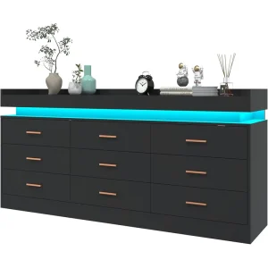 Custom 9-Drawer Modern Wood Dresser with LED Light Charging Station Black Bedroom & Living Room Storage Cabinet