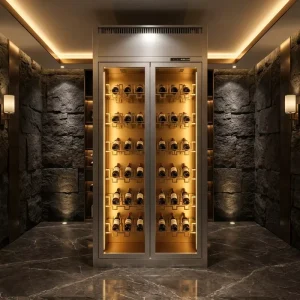 Custom Commercial Wine Cabinet Metal Tempered Glass Shelves LED Lighting Temperature Control Humidity Control Home Furniture
