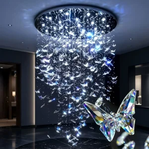 Custom Crystal Butterfly Staircase Chandelier Rotating LED Silver Pendant Lamp for Hotel Lobby Villa Ceiling Light