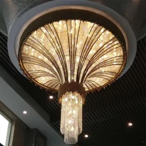Custom Fan Shaped Crystal Chandelier Luxury Gold LED Pendant Light for Hotel Lobby Ballroom & Grand Foyer