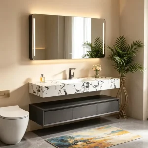 Custom Finish Floating Bathroom Cabinet Rock Slab Sink Frameless LED Touch Mirror Wall Hung Vanity Unit OEM ODM