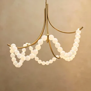 Custom French Beaded Alabaster Ring Pendant Light Brass Necklace Shape Marble Chandelier for Stairs Living Room Hotel Villa
