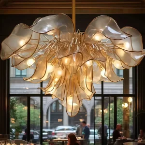 Custom Glass Flower Chandelier Stainless Steel LED Pendant Lighting Adjustable Height Dimmable for Hotel Villa