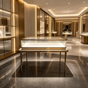 Custom Gold Frame Glass Counter Jewelry Display Case with Illuminated LED Light Drawer Boutique Retail Store