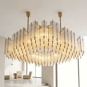 Custom Gold Stainless Steel Oval Glass LED Adjustable Height Pendant Light for Hotel Lobby Reception Hall Project Ceiling