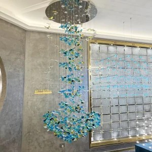 Custom Indoor Decoration Hotel Wedding Long Hanging Crystal Flower Pendant Chandelier
