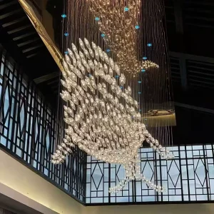 Custom Indoor Decorative LED Pendant Light Large Elegant Empire Crystal Chandelier Fish Shape Long Design