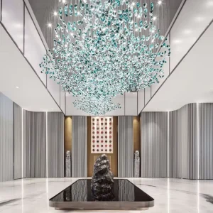 Custom LED Crystal Chandelier Green Glass Stone Long Design Modern Luxury Ceiling Pendant Light for Hotel Villa Wedding