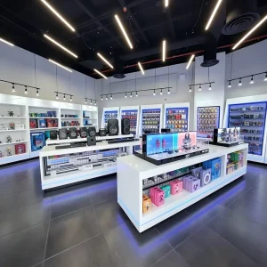 Custom LED Lighting Display Fixtures for Shopping Mall Retail Stores with Glass Back Blue Edge LED Gaming Gear Counter