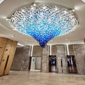 Custom Large Glass Chandelier Lamp Hotel Lobby Adjustable Height Colored Stone Pendant Light