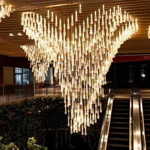 Custom Large Stainless Steel Raindrop Crystal Chandelier Adjustable Height LED Pendant Light for Hotel Lobby Luxury Lighting