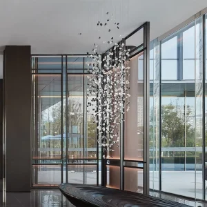 Custom Long Pendant Light Lobby Living Room Staircase Clear Black Glass Crystal Stone Chandelier LED