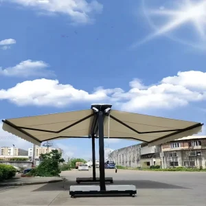 Custom Luxury Double Side Awning Free Standing Motorized Sunshade Acrylic Fabric LED Light for Patio Garden Commercial
