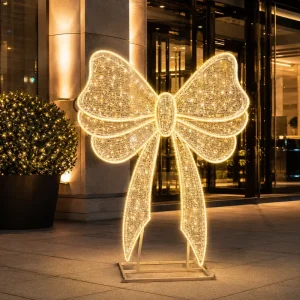 Custom Metal Frame Warm Gold Minimalist LED Bowknot Motif Light for Plaza Outdoor Christmas Decor CE RoHS IP65