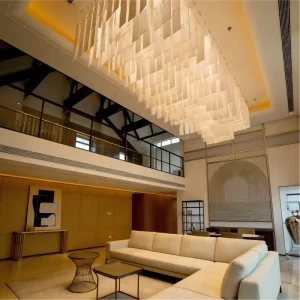 Custom Modern Flowing White Panel Stainless Steel LED Chandelier Linear Pendant Light Dimmable Hotel Restaurant Ceiling Lighting