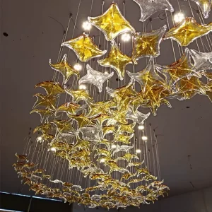 Custom Modern Gold LED Ceiling Glass Chandelier Star Pendant Light for Hotel Hall Restaurant Club Lighting Includes Project