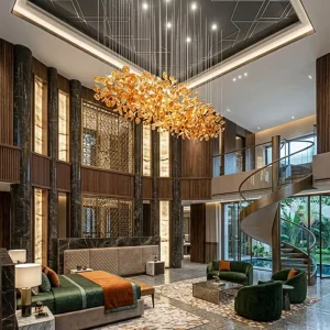 Custom Modern Large Glass Chandelier Lamp Hanging Colorful Stone Light Hotel Lobby Pendant Chandeliers