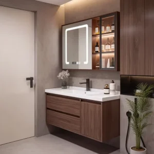 Custom Multi Layer Solid Wood Waterproof Bathroom Vanity Set Suitable for Commercial and Hotel Projects