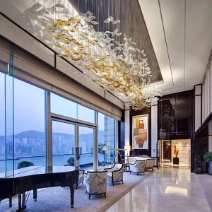 Custom Project Sales Office Hotel Lobby Villa Large Stainless Steel Iron Glass Chandelier Ceiling Hanging LED Pendant Light